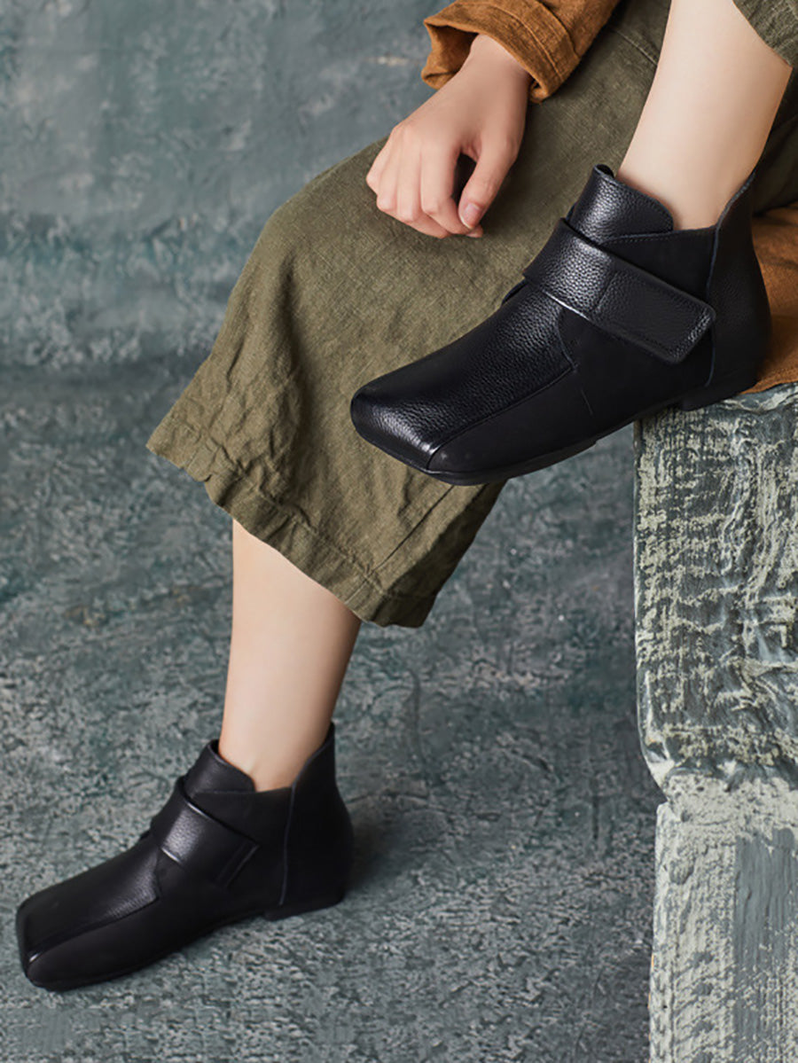 Artsy Leather Spliced Square Collar Ankle Boots