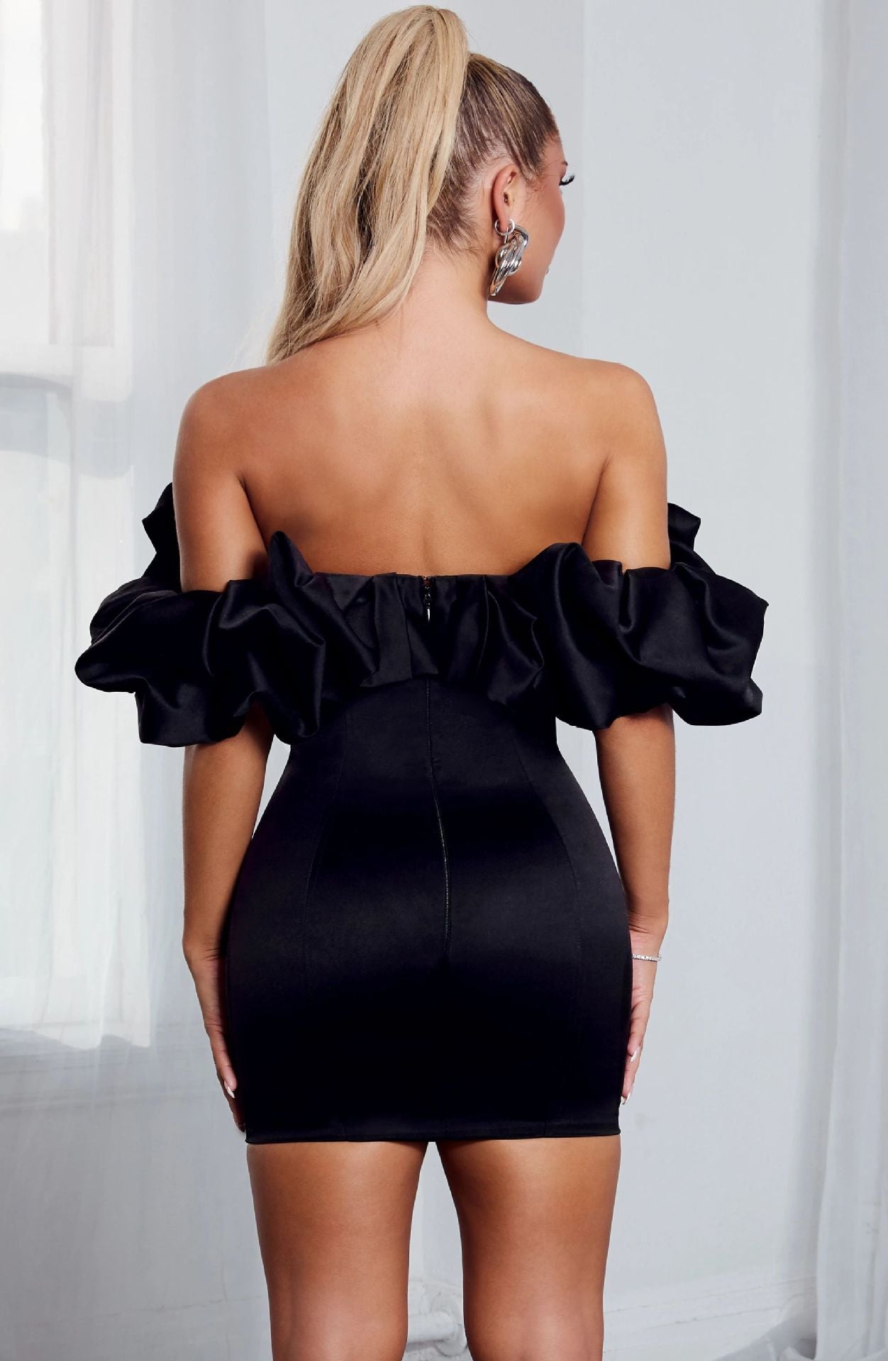 Zari Satin Ruffles Off Shoulder Mini Dress  - Black