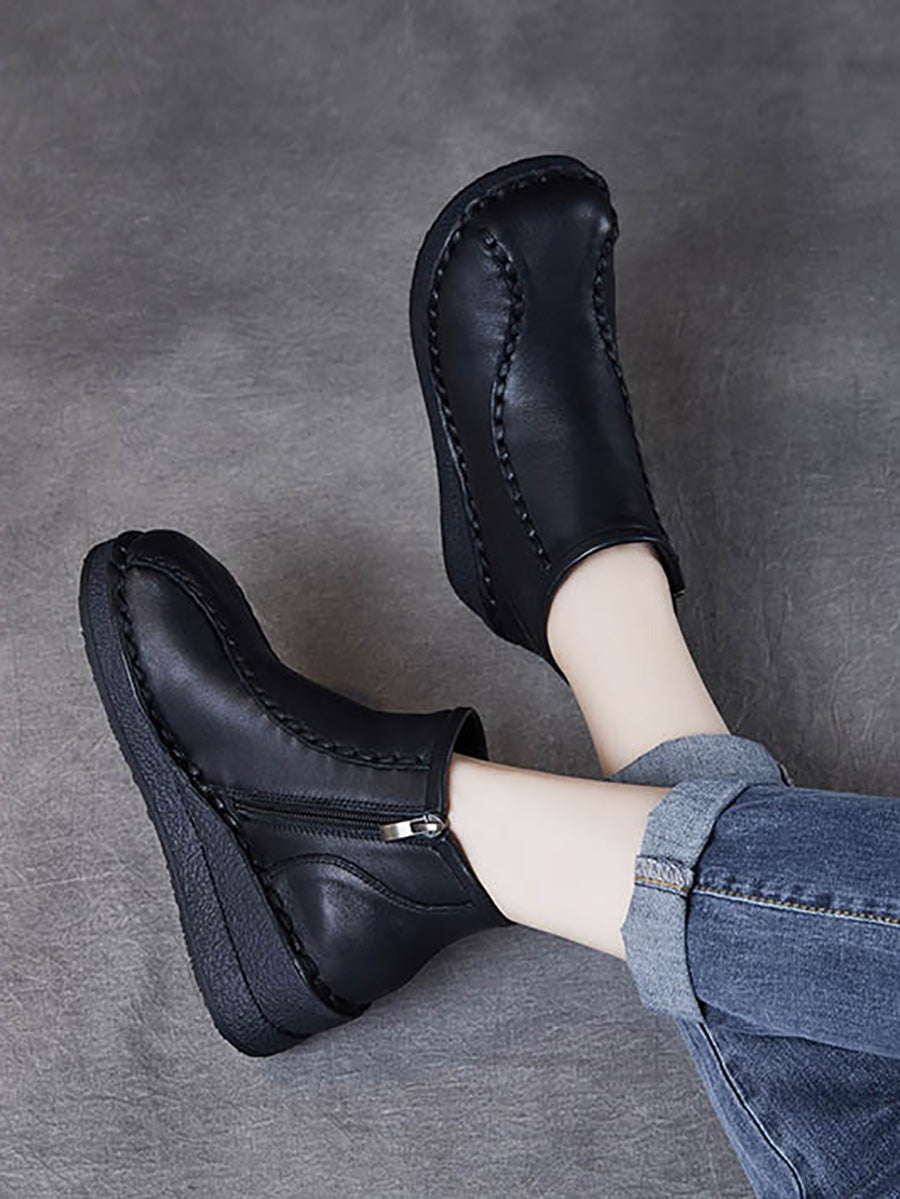 Retro Soft Leather Spliced Fleece-lined Mid-Heel Boots