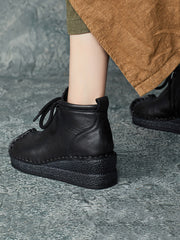 Vintage Genuine Leather Spliced Strap Mid-Heel Boots