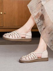 Leather Sandals Heel Low Weave