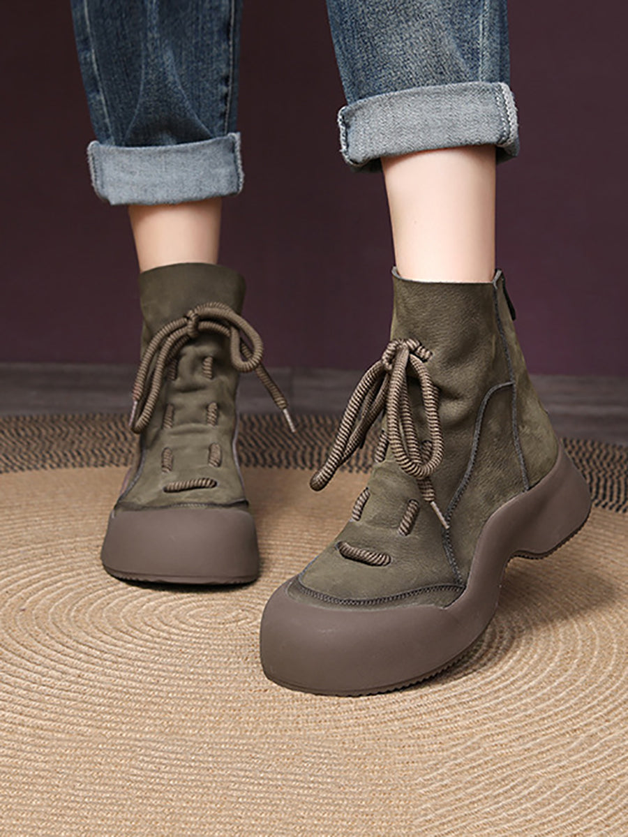 Winter Vintage Soft Leather Spliced Platform Boots