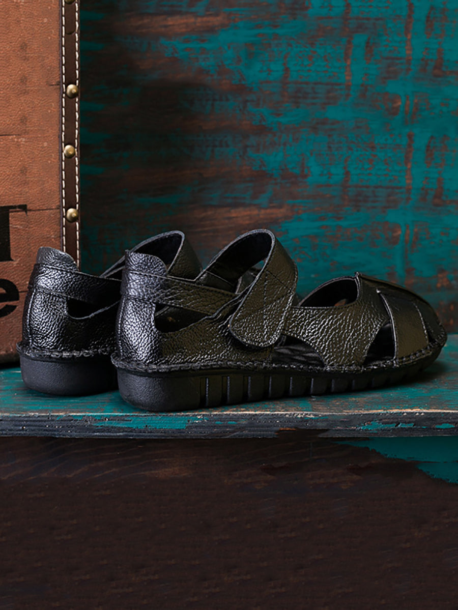 Solid Soft Leather Spliced Flat Sandals
