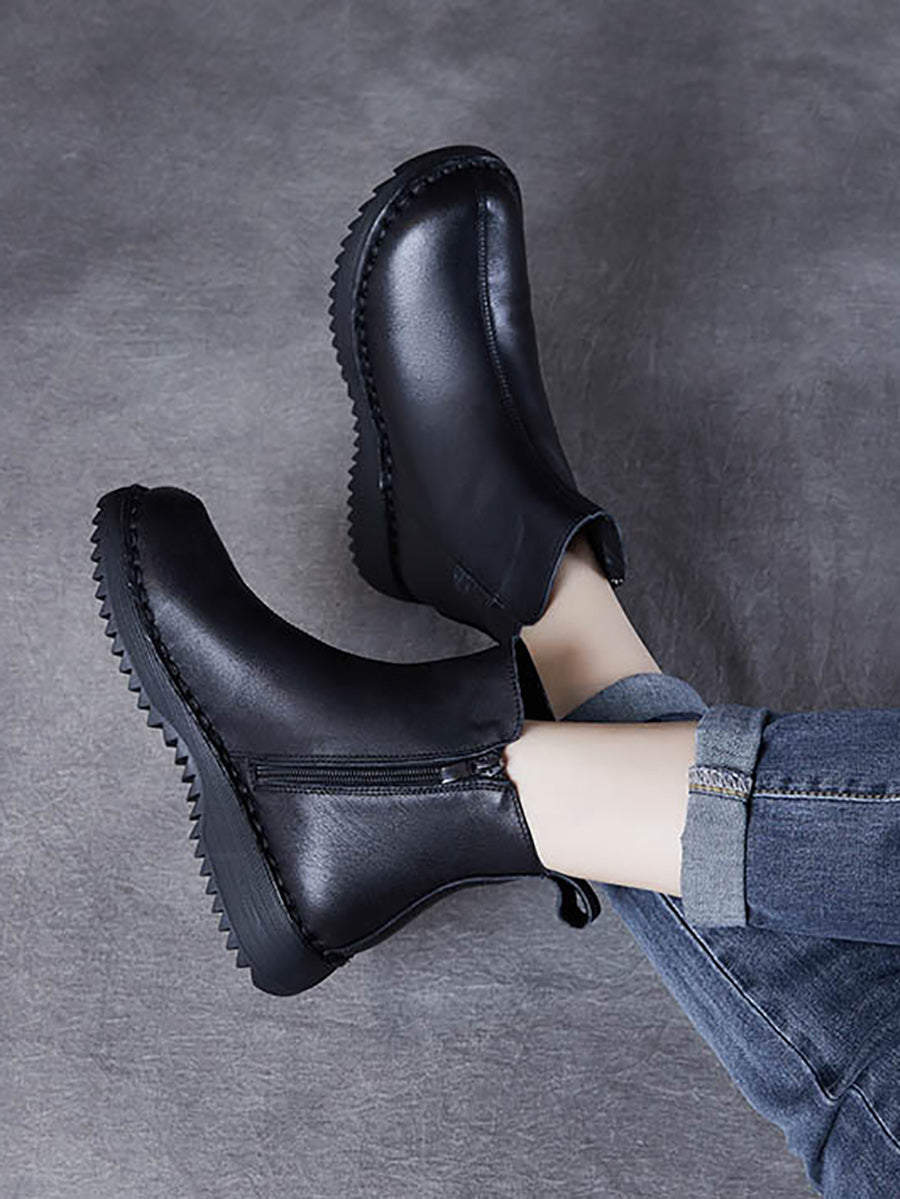 Retro Genuine Leather Zippper Mid-Heel Boots