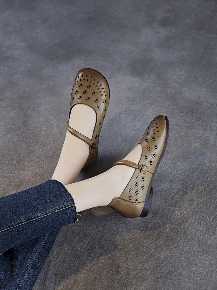 Genuine Shoes Hollow Out Heel Low Leather