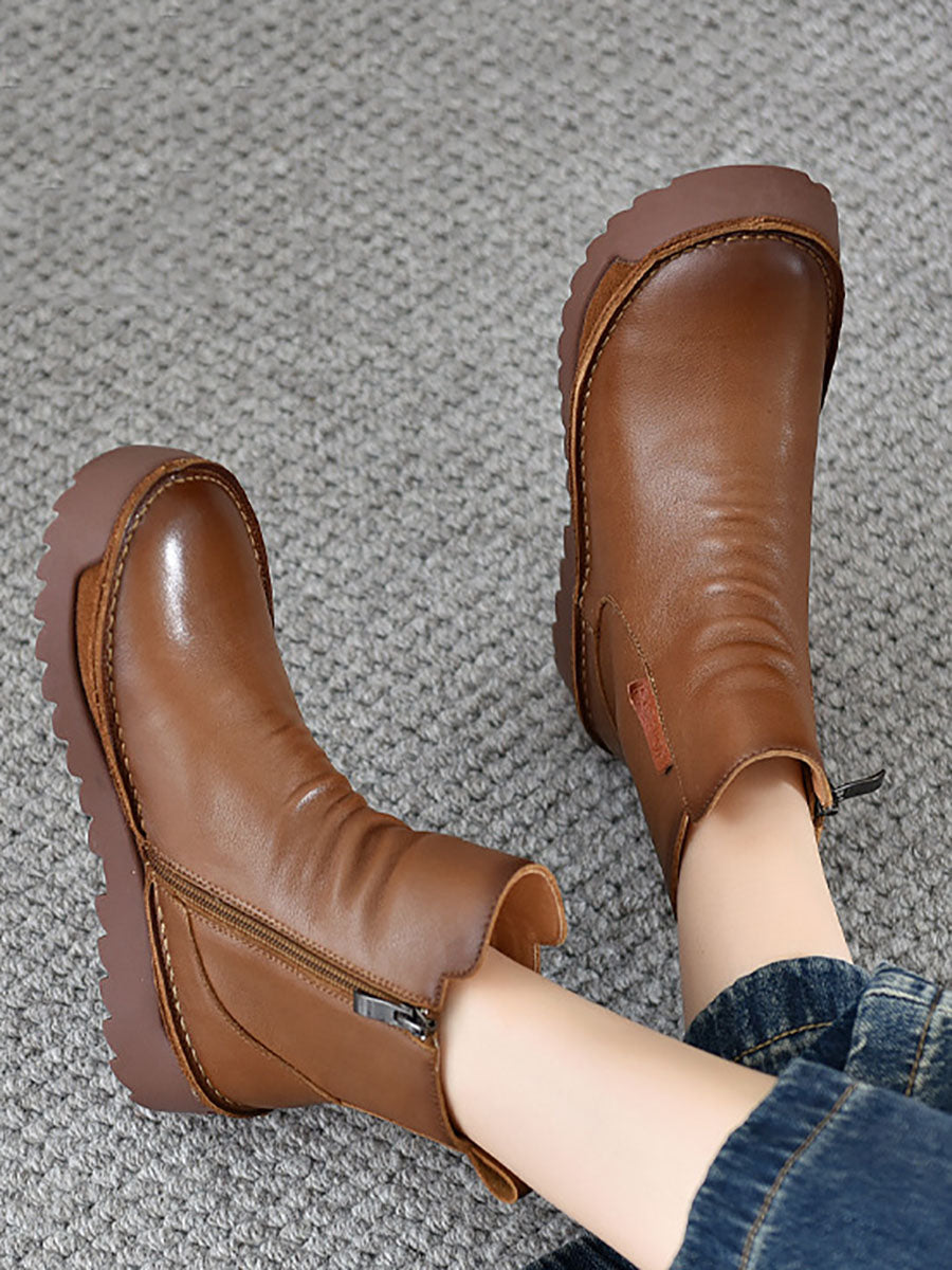 Autumn Vintage Leather Spliced Ankle Boots