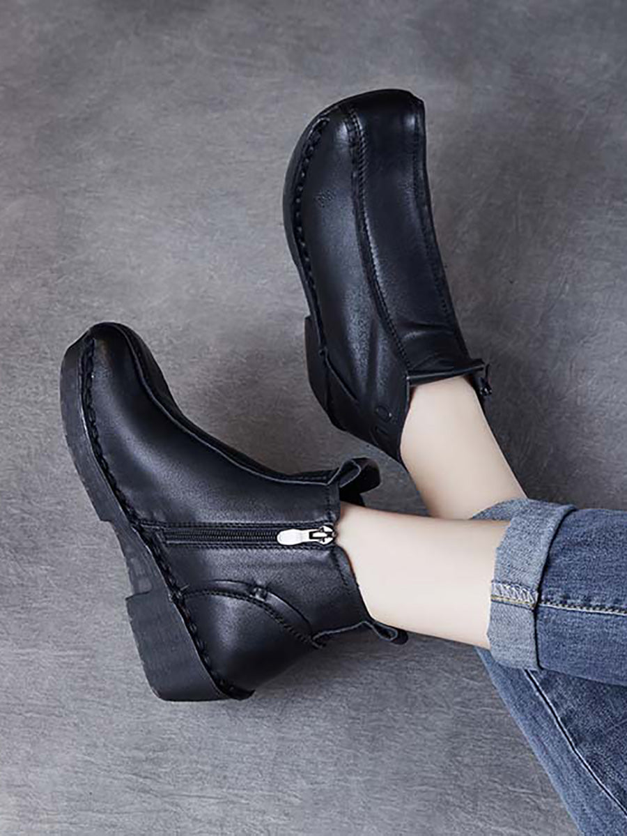 Autumn Genuine Leather Spliced Mid-Heel Boots