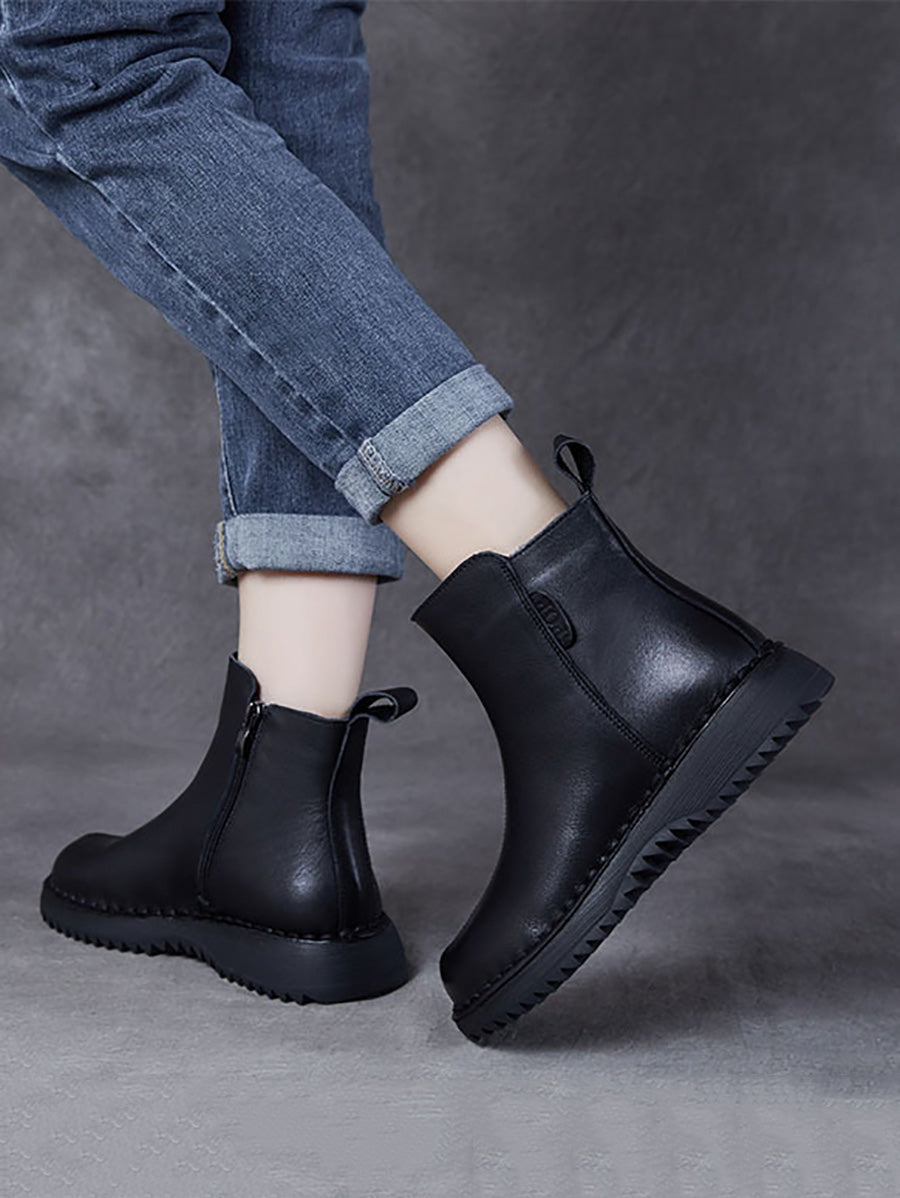 Retro Genuine Leather Zippper Mid-Heel Boots