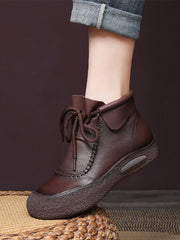 Retro Genuine Leather Spliced Strap Flat Boots