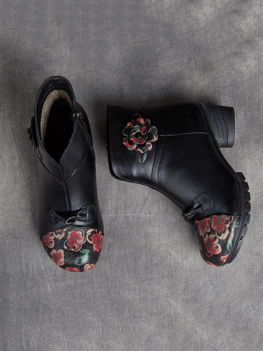 Ethnic Autumn Flower Spliced Leather Mid-Heel Boots