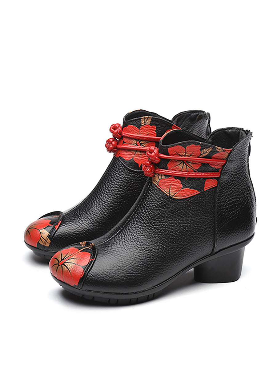 Retro Genuine Leather Flower Spliced Chunky Heel Boots