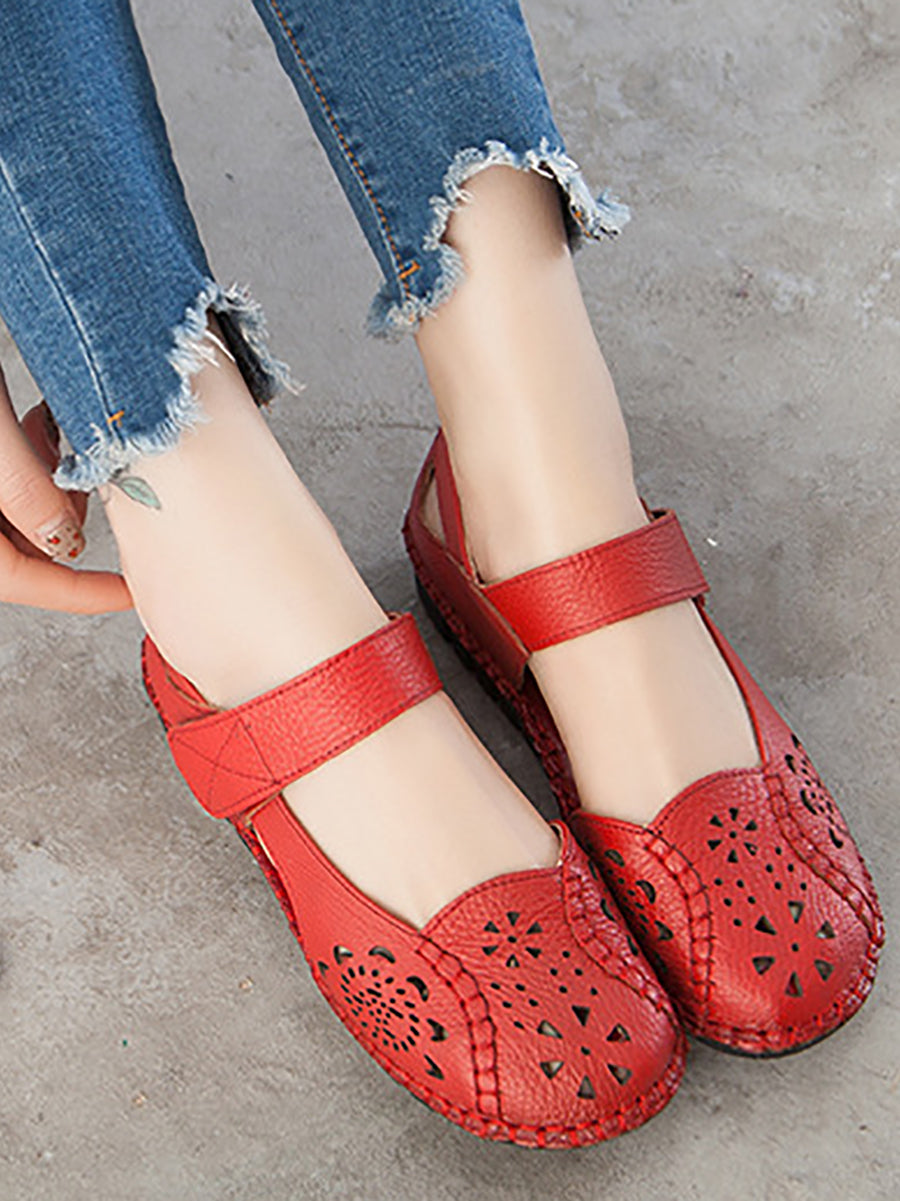 Leather Cutout Solid Low-Heel Sandals