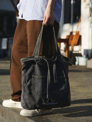 Vintage Solid Pocket Denim Handbag Shoulder Bag