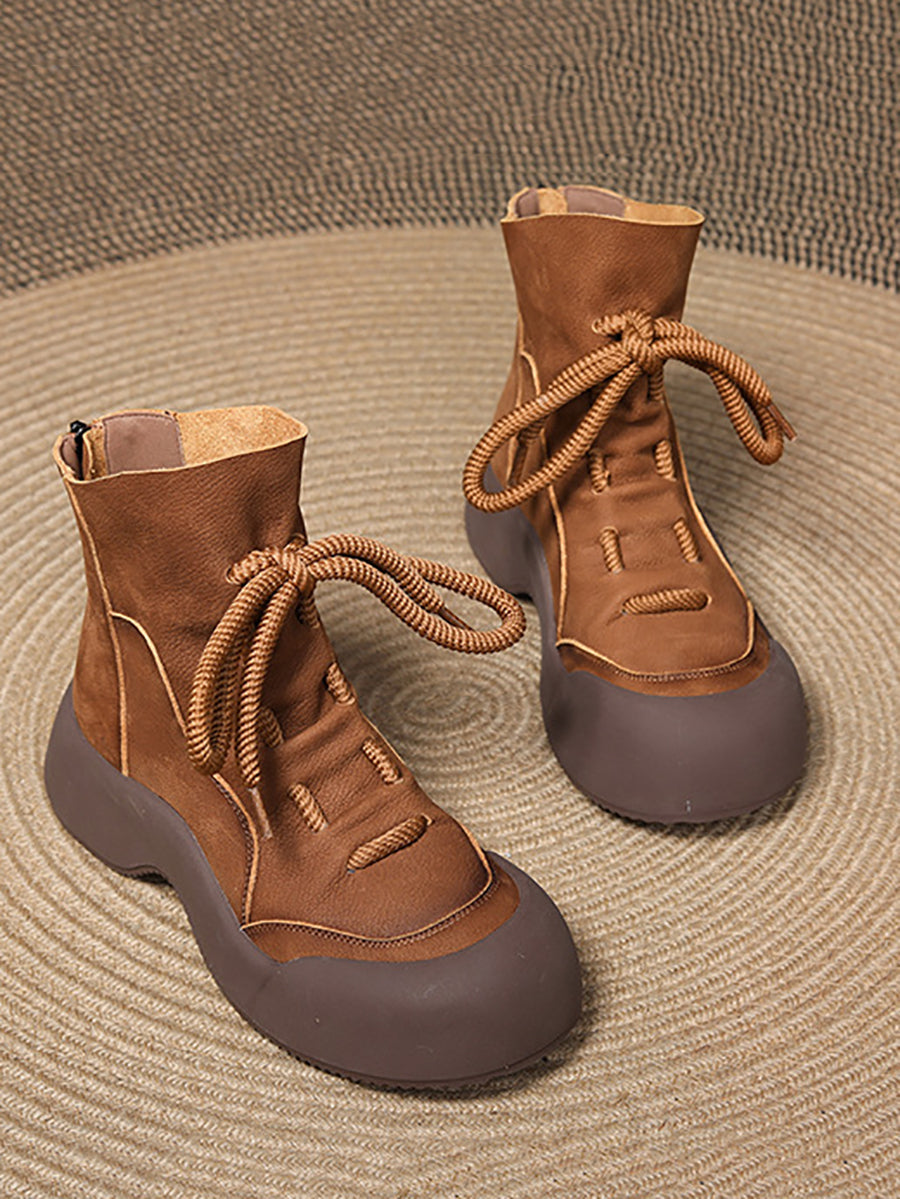 Winter Vintage Soft Leather Spliced Platform Boots