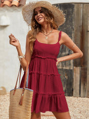 Flattering Tiered Ruffle Empire Waist Mini Summer Sundress - Wine Red