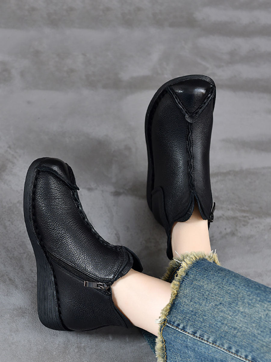 Vintage Genuine Leather Spliced Low Heel Boots