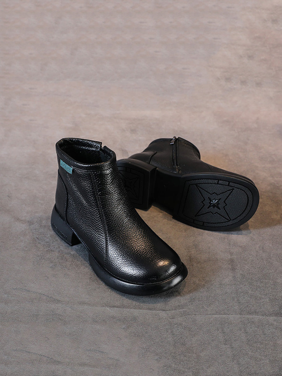 Vintage Commute Leather Zipper Mid-Heel Boots