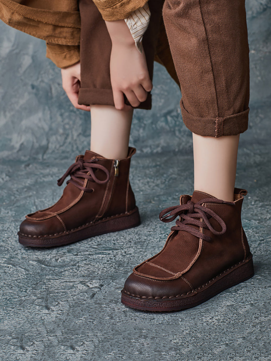 Winter Retro Leather Spliced Flat Boots