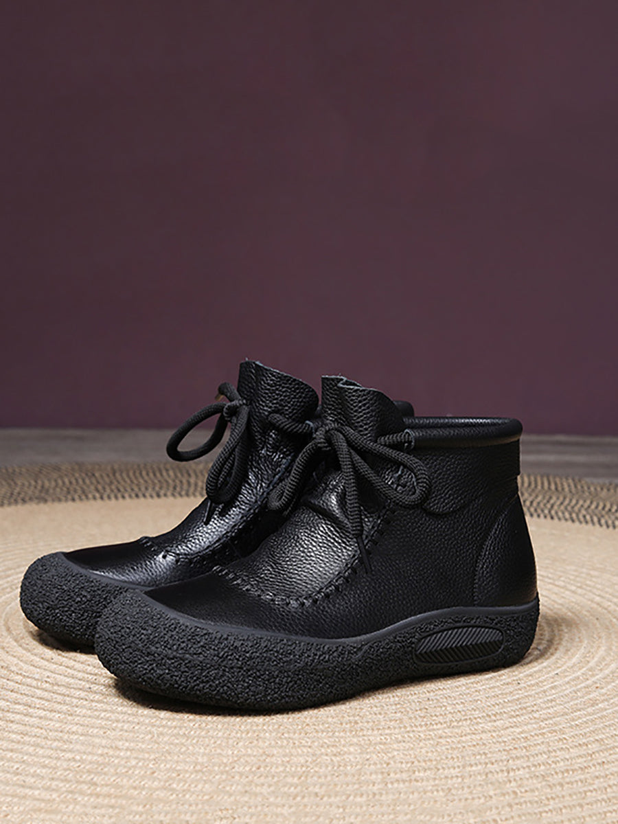 Retro Genuine Leather Spliced Strap Flat Boots