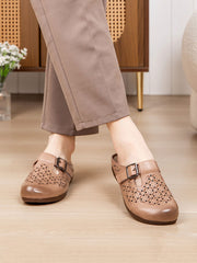Heel Hollow Out Genuine Low Leather Shoes Vintage