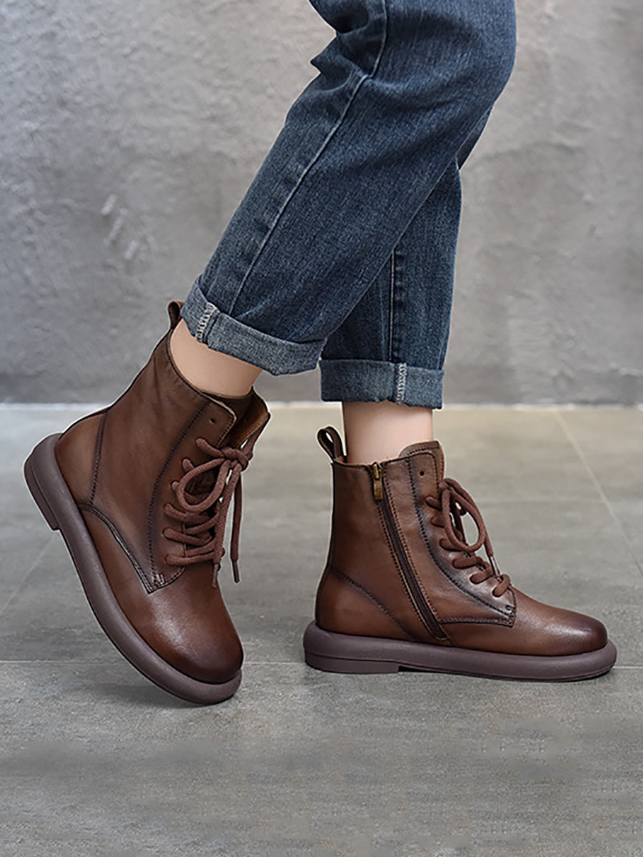 Genuine Leather Soft Zipper Mid Heel Martin Boots