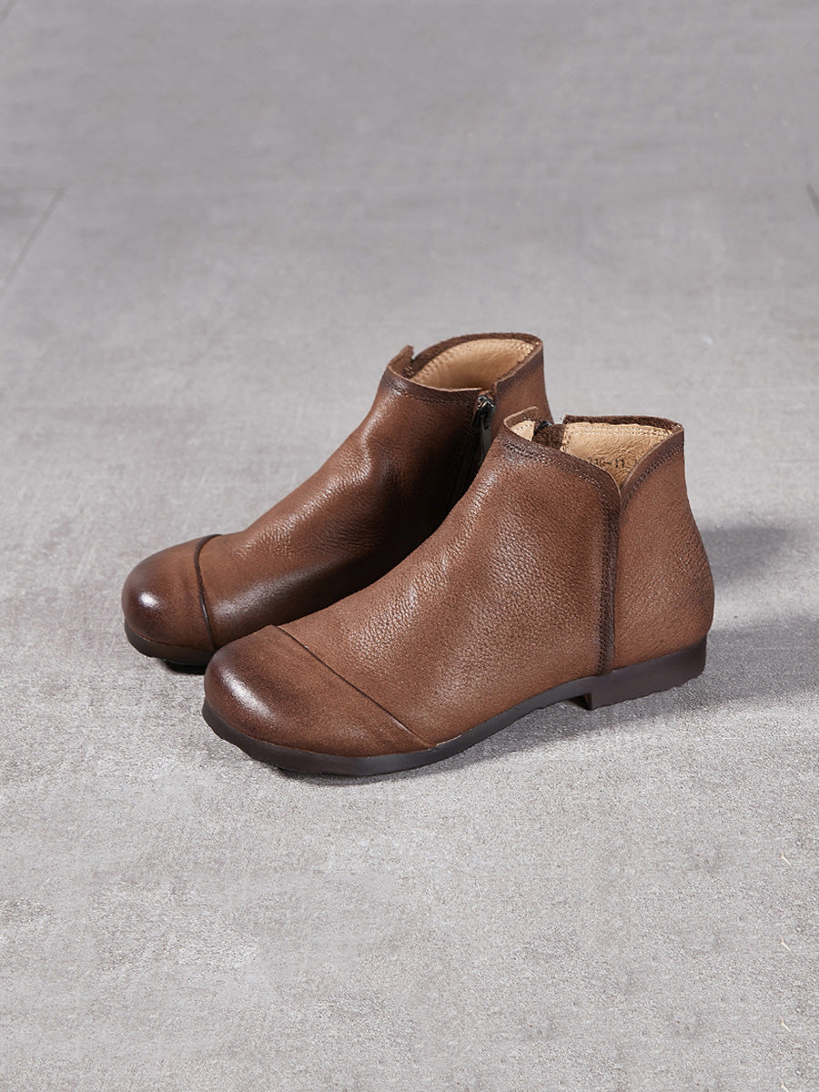 Solid Genuine Leather Winter Zipper Low Heel Boots