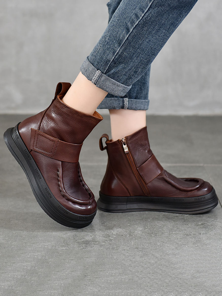 Vintage Soft Leather Spliced Flat Ankle Boots