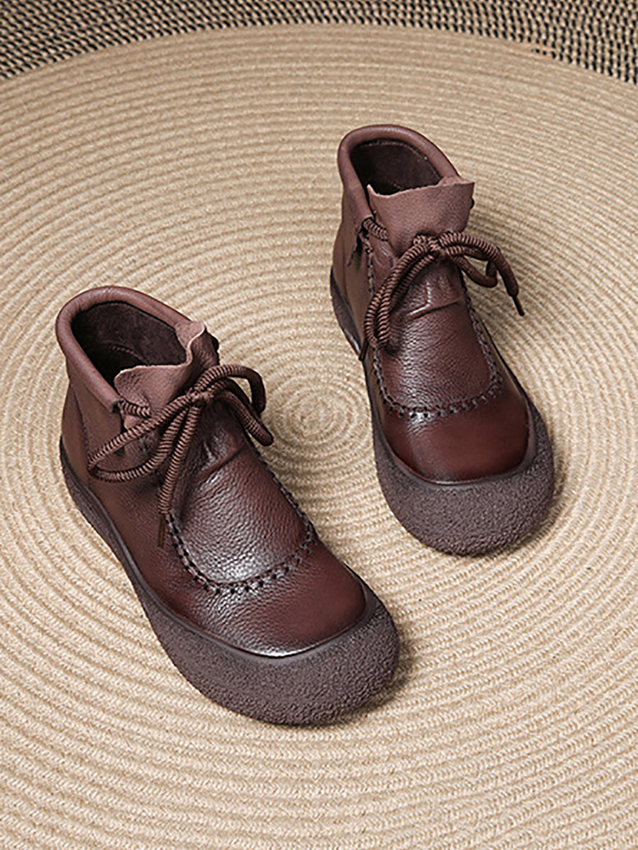 Retro Genuine Leather Spliced Strap Flat Boots
