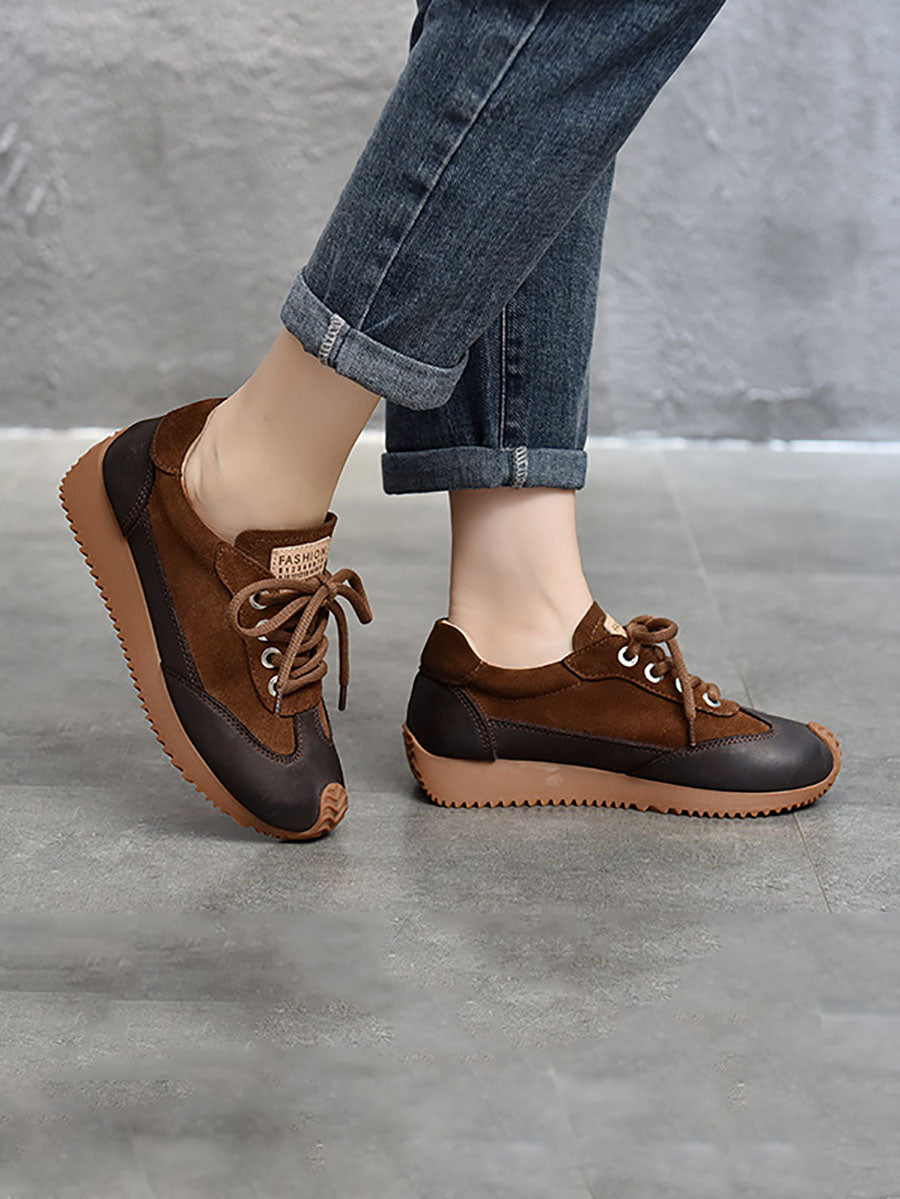 Casual Leather Colorblock Strap Mid Heel Sport Shoes
