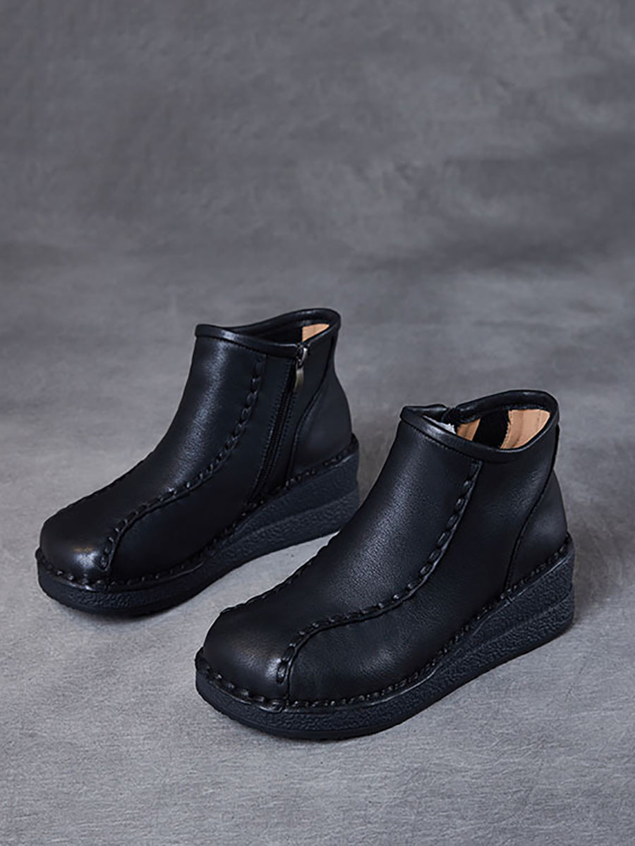 Retro Soft Leather Spliced Fleece-lined Mid-Heel Boots