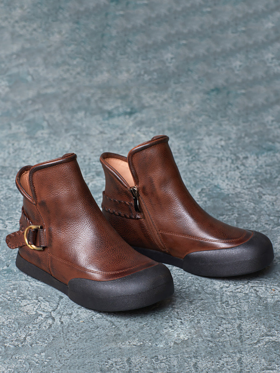 Winter Vintage Leather Spliced Zipper Flat Boots