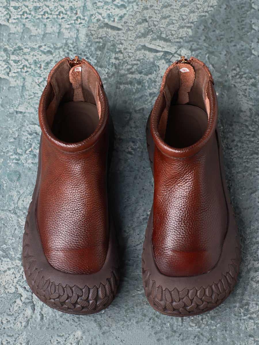 Autumn Casual Pure Color Leather Zipper Flat Boots