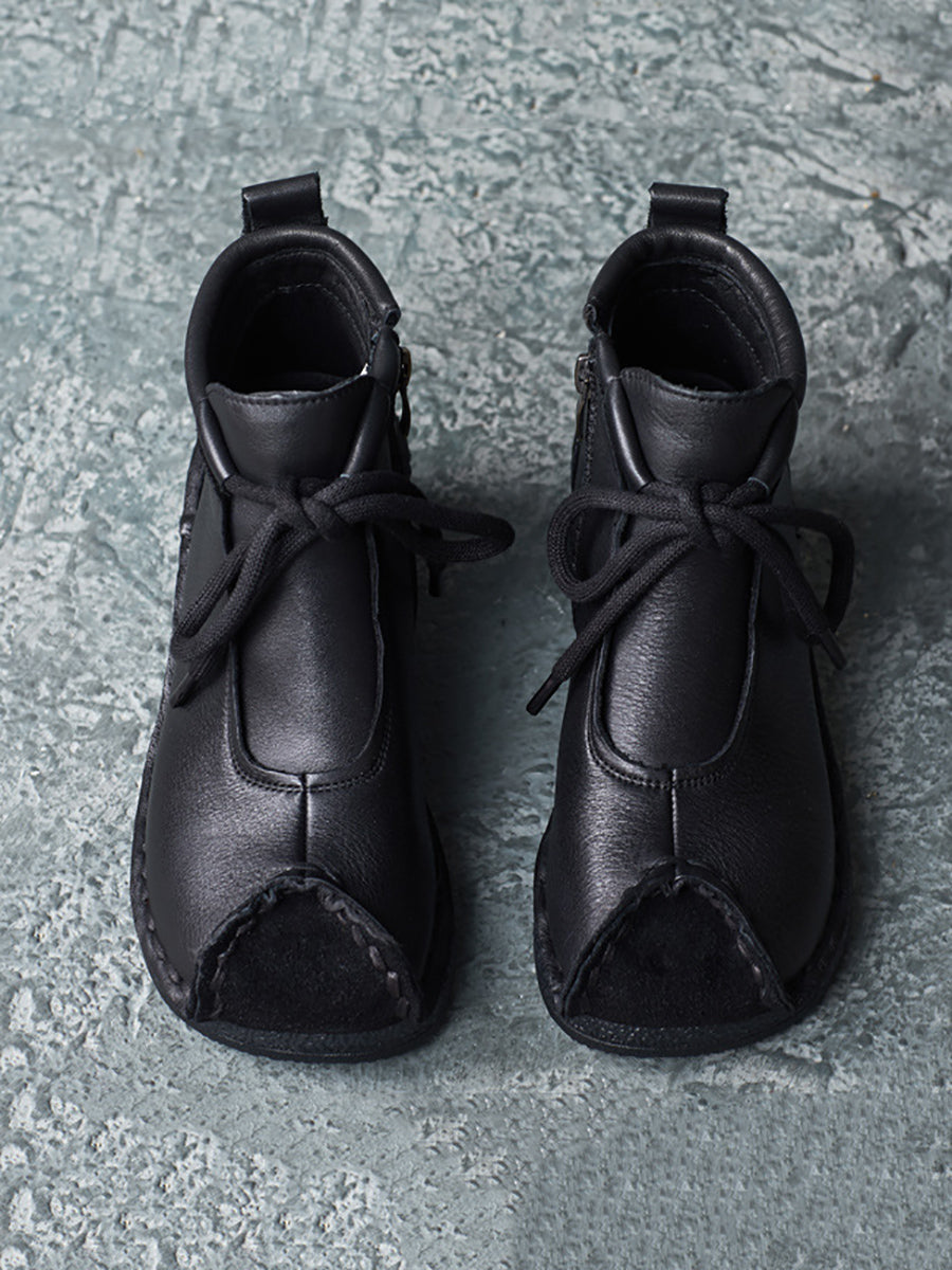 Vintage Genuine Leather Spliced Strap Mid-Heel Boots