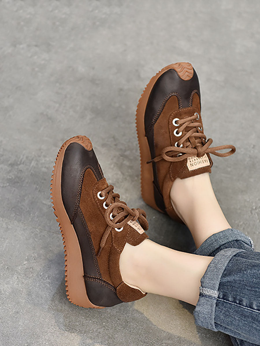 Casual Leather Colorblock Strap Mid Heel Sport Shoes