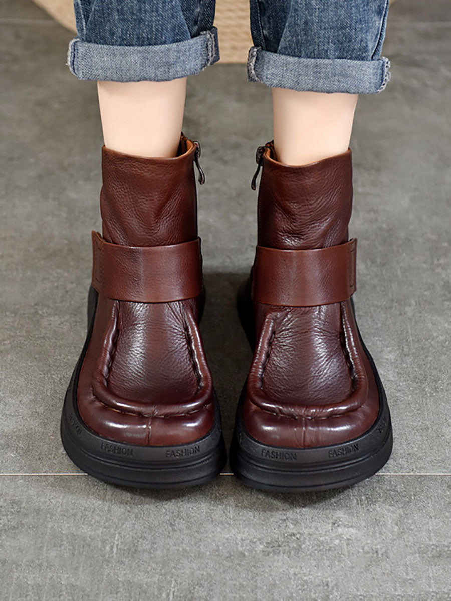 Vintage Soft Leather Spliced Flat Ankle Boots