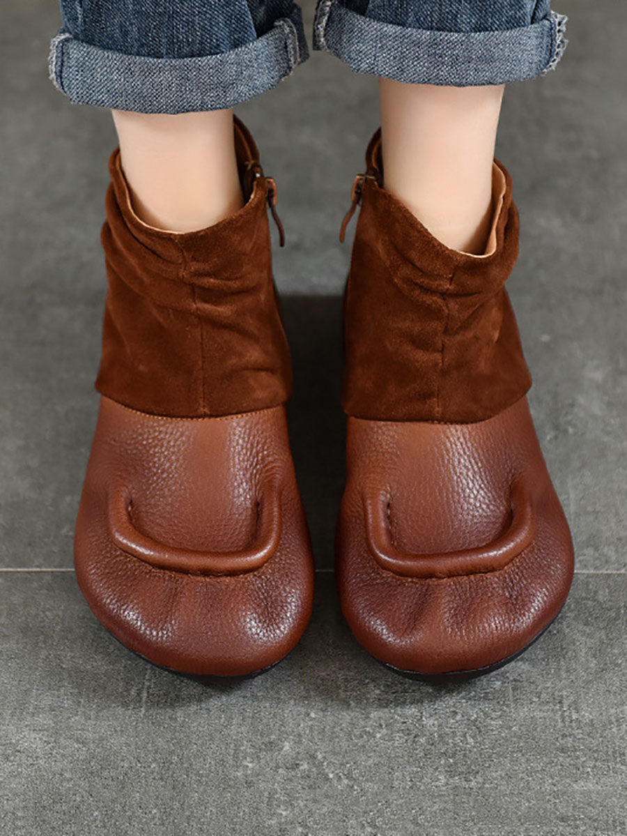 Vintage Suded Leather Spliced Low Heel Boots