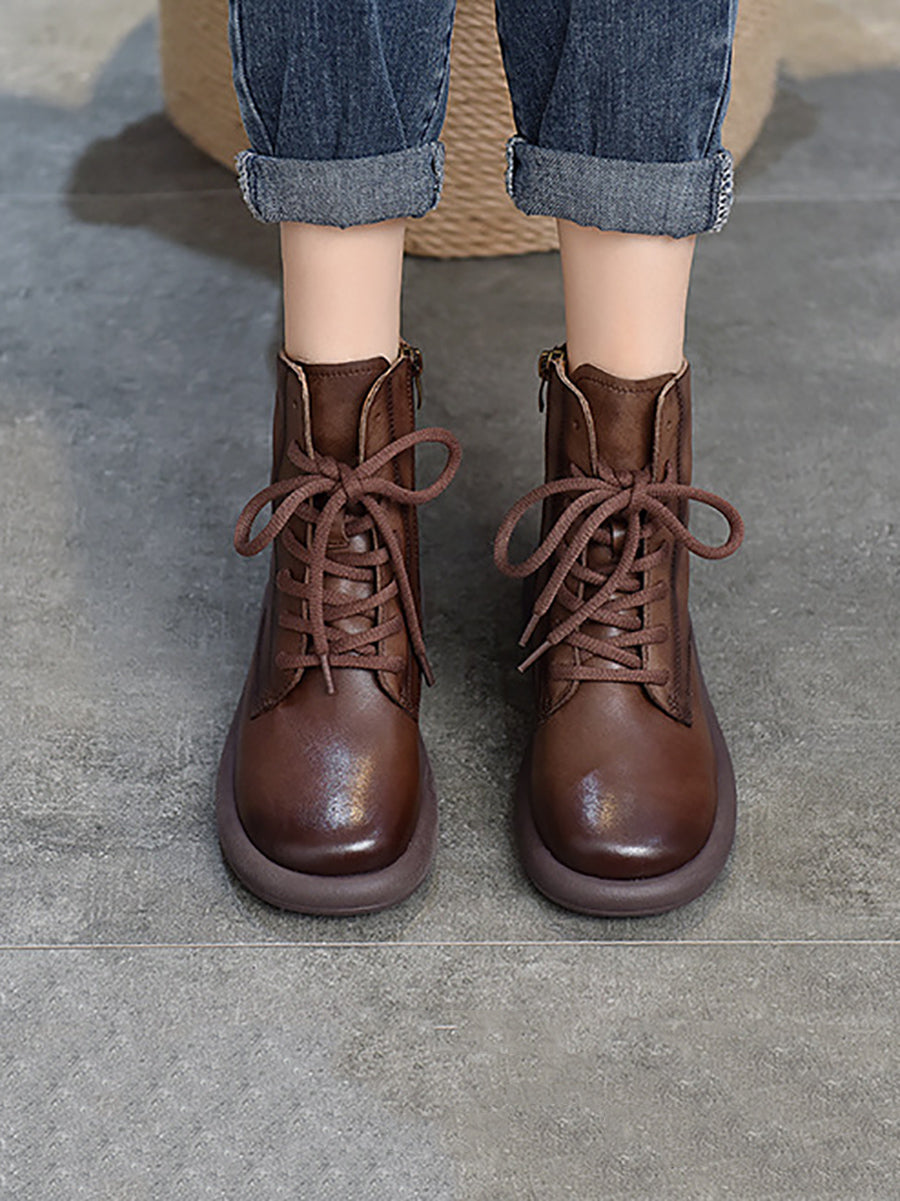 Genuine Leather Soft Zipper Mid Heel Martin Boots