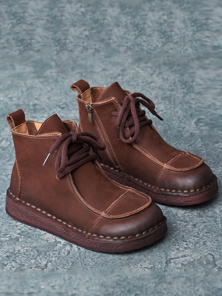 Winter Retro Leather Spliced Flat Boots