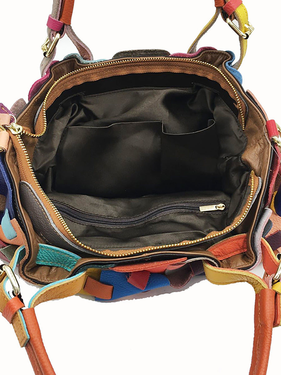 Fashion Genuine Leather Plaid Spliced Handbag
