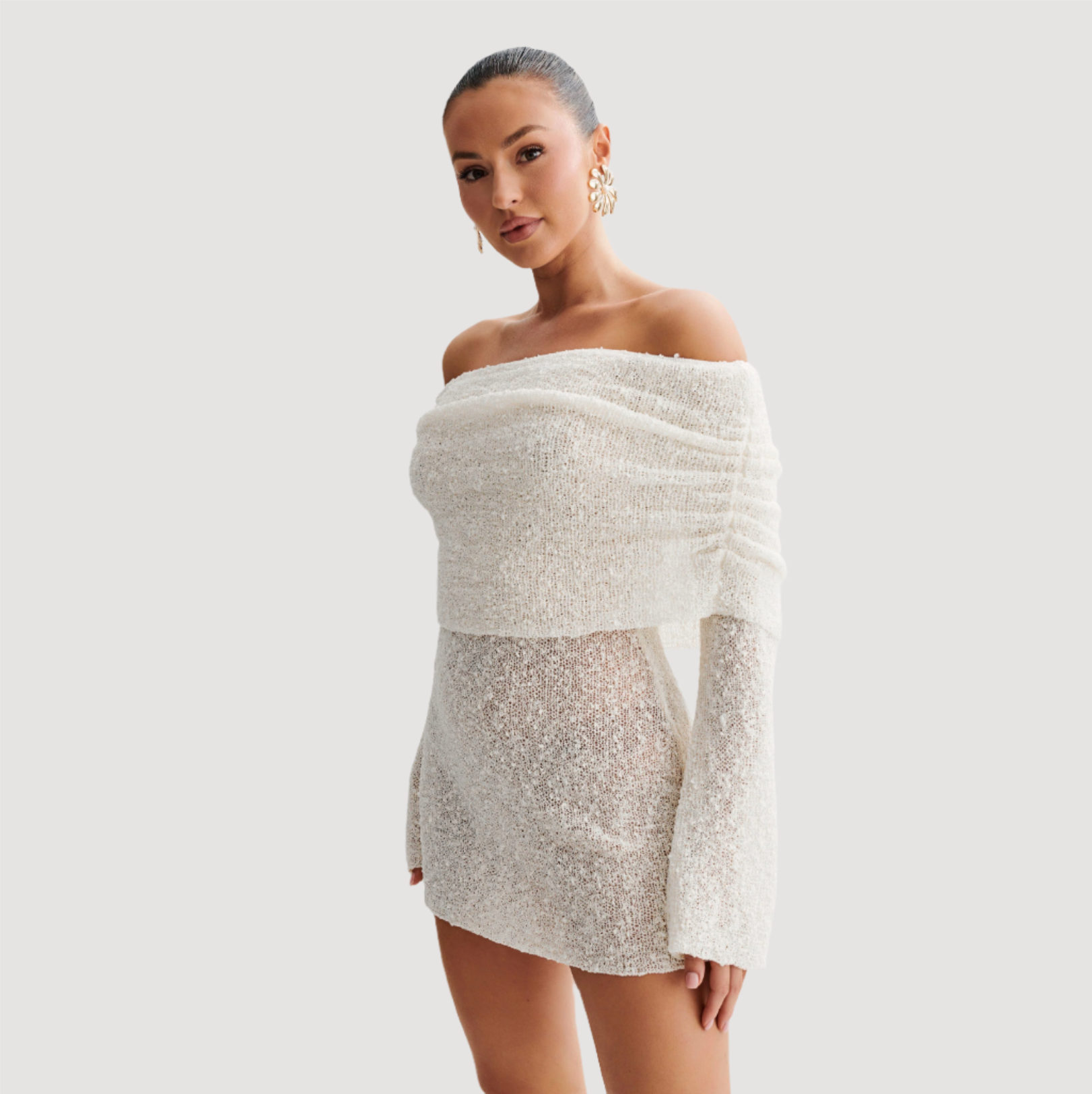 Lingering Kiss Off Shoulder Boucle Mini Dress