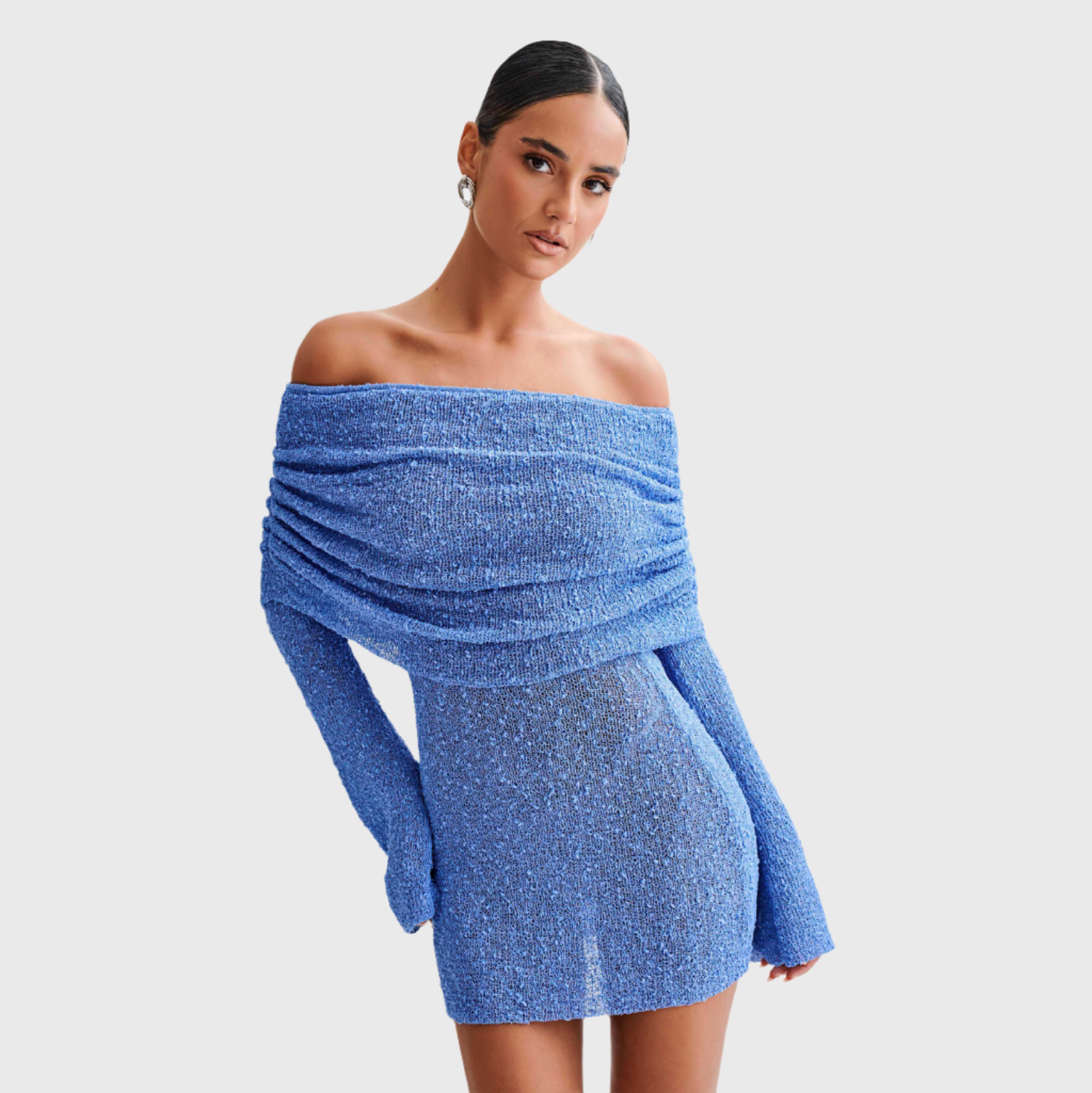 Lingering Kiss Off Shoulder Boucle Mini Dress