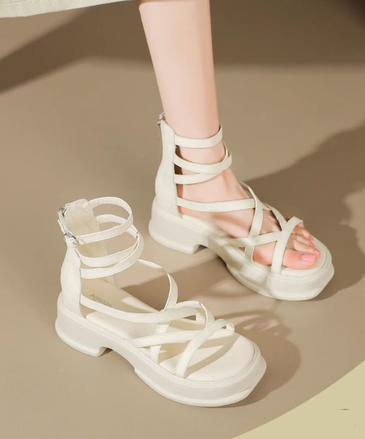 Beige High Top Strap Roman Sandals Peep Toe