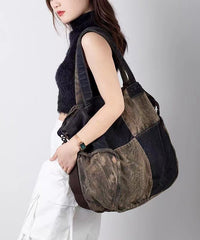 Large Capacity Calf Leather Patchwork Canvas Satchel Bag Handbag