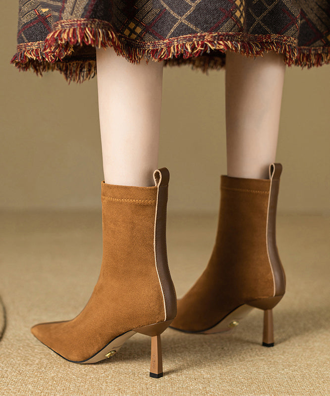 Splicing Stiletto Boots Khaki Suede Pointed Toe
