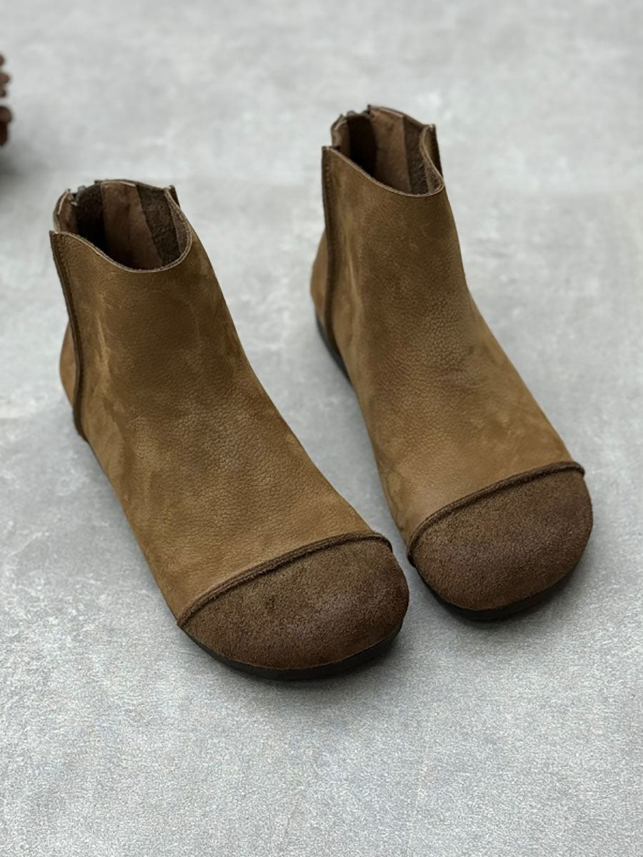 Autumn Vintage Leather Spliced Zipper Boots