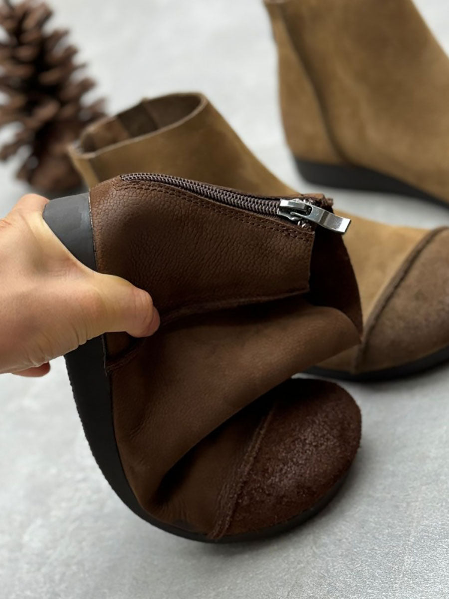 Autumn Vintage Leather Spliced Zipper Boots