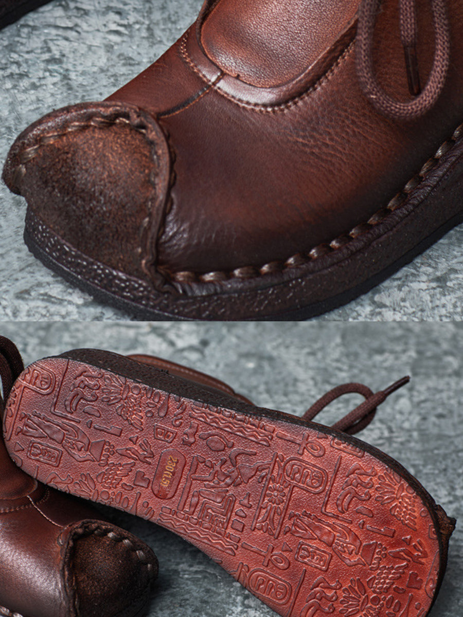 Vintage Genuine Leather Spliced Strap Mid-Heel Boots