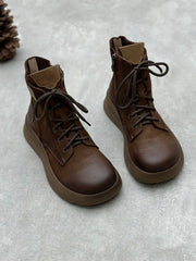 Vintage Leather Patch Strap Mid-Heel Boots