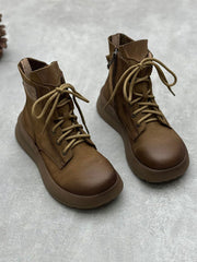Vintage Leather Patch Strap Mid-Heel Boots