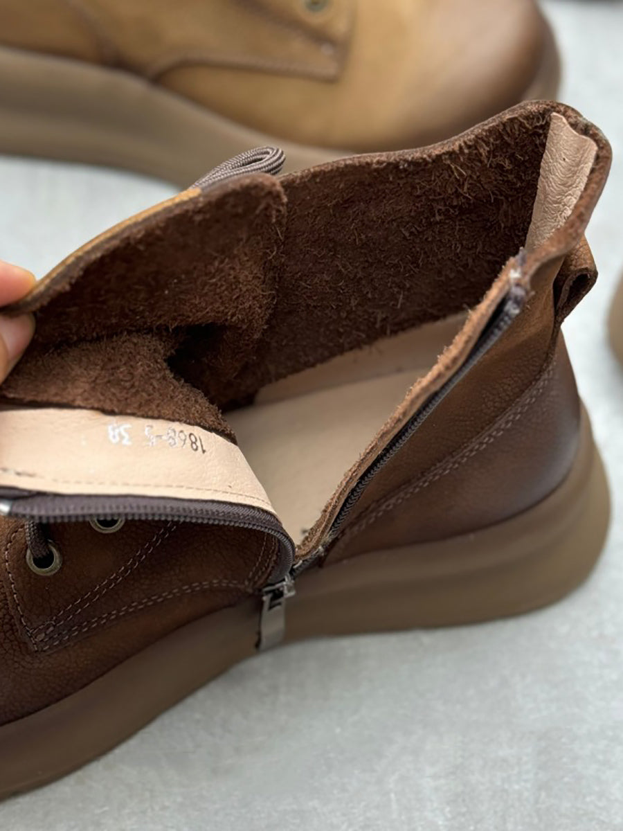 Vintage Leather Patch Strap Mid-Heel Boots